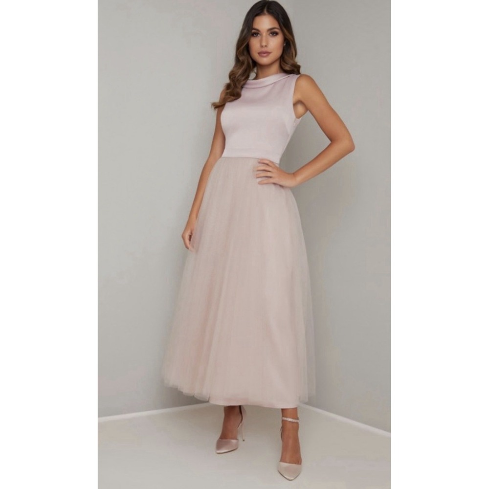CHI CHI ZEINA POWDER MIDI DRESS Mink Size US 6 Cocktail Tulle Lace Party Dress